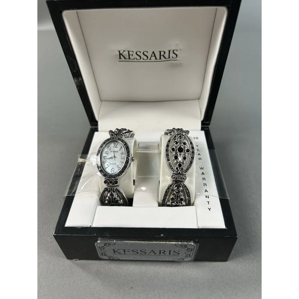 Kessaris Women's Quartz Watch & Matching Bracelet Set Silver Tone Untested